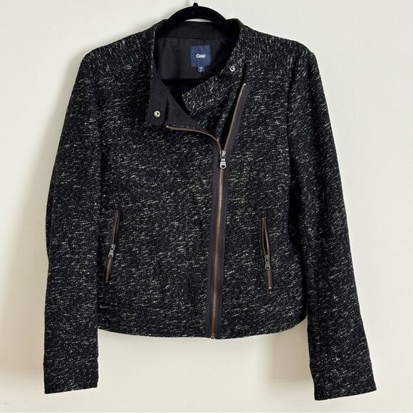 Retro Vintage Gap Black & White Tweed Wool Moto Jacket Size M - Picture 2 of 8